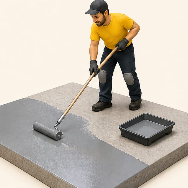 A crew member at the base coat step