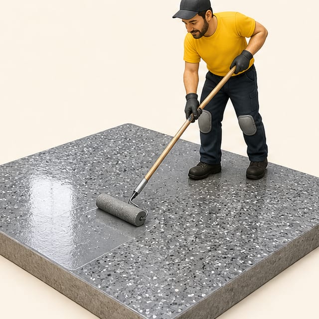 A crew member at the clear top coat step